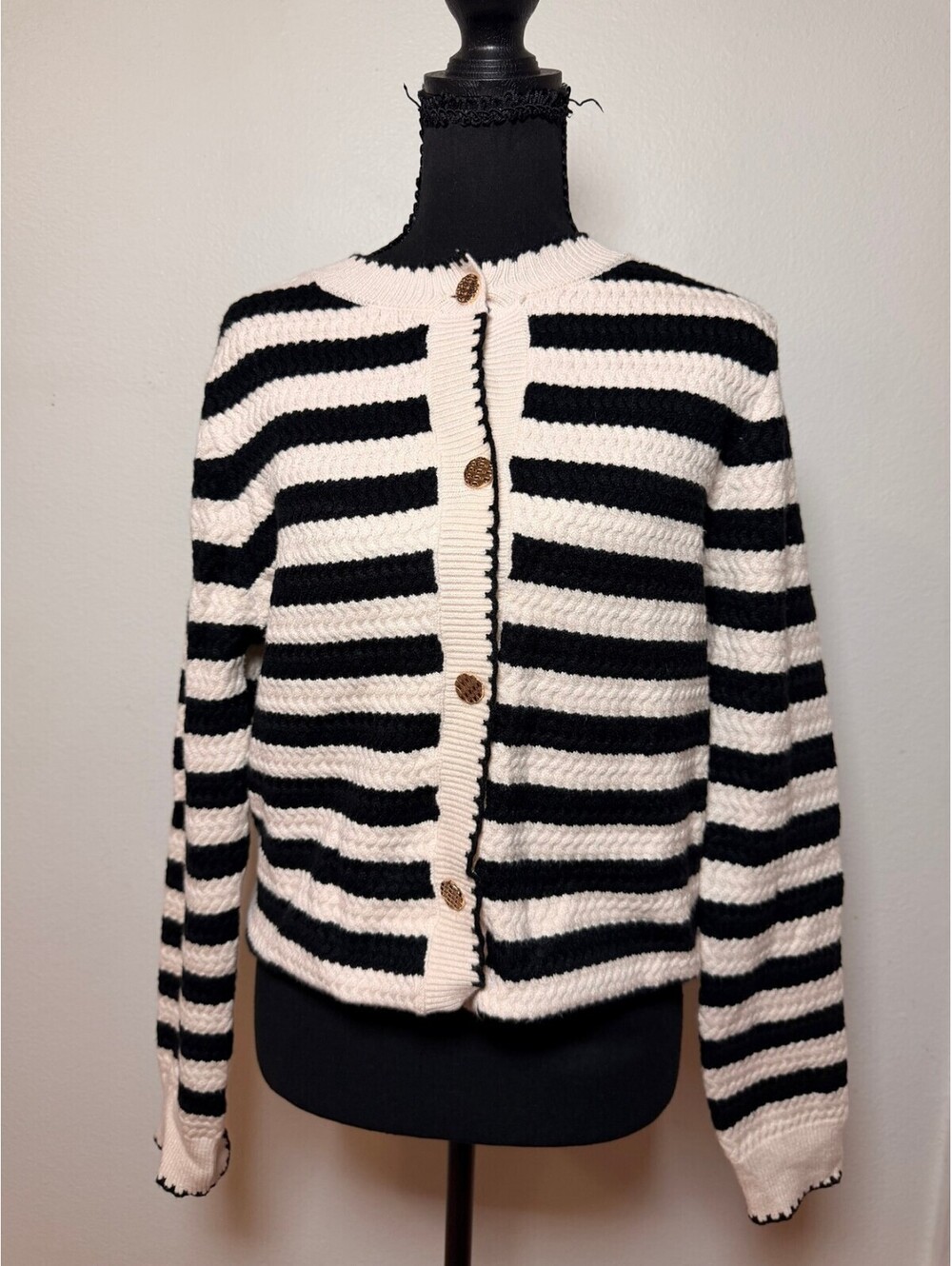 MEROKEETY Black White Striped Button Cardigan S Fall